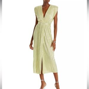 NWT Sabina Musayev Margo Pleated V Neck Midi Dress Size XS In Lime